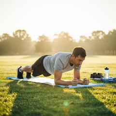 Focused young man holding plank position on yoga mat in a park during early morning sunlight, with water bottle and gear nearby.
