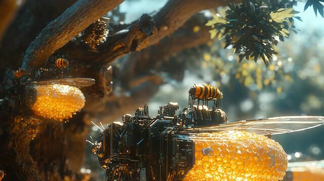 Mechanical bees collecting honey in a futuristic forest