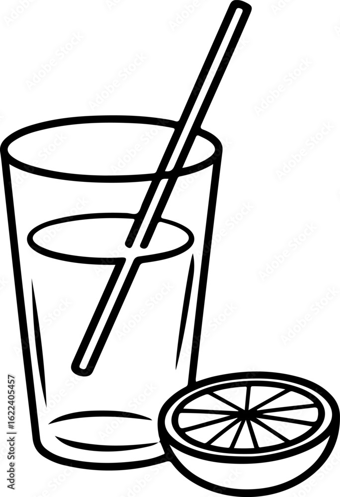 Poster simple line drawing of a glass of refreshing juice with a straw and citrus slice