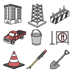 Vector Illustration Set of Construction Tools and Site Equipment Cartoon Style with Linear Black and Red Elements