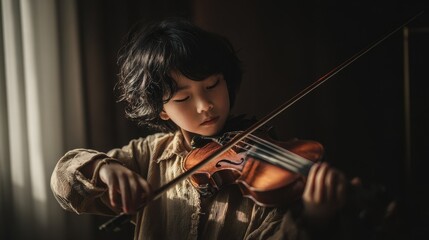 Fototapeta premium Violin Kid. Asian child learning art of violin playing from teacher at home
