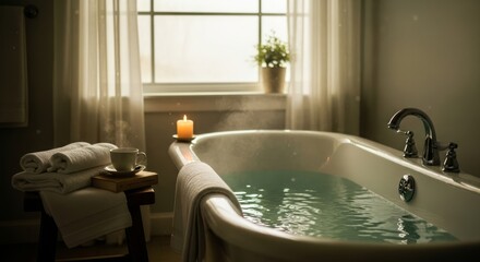 A steaming bathtub filled with warm water, a lit candle, and stacked towels beside a window, creating a serene and relaxing spa-like atmosphere.