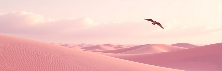Obraz premium lone bird soars effortlessly undulating pink sand dunes bathed soft pastel hues blushing dawn serene