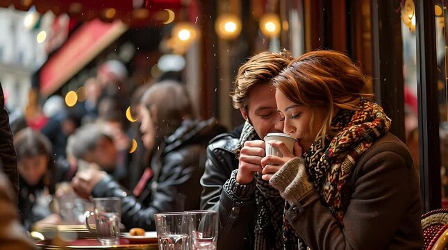 Romantic Couple Sharing Coffee at a Parisian Cafe During Snowy Winter