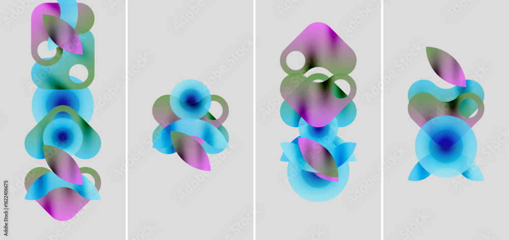 Poster abstract colorful shapes overlap, creating fluid compositions. gradient hues blend, forming dynamic 
