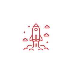 Red line drawing depicts the ascent of a rocket surrounded by clouds and stars