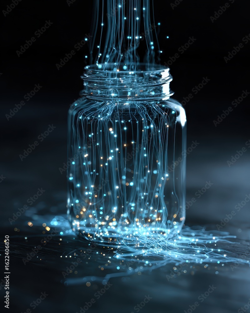 Aufkleber light streams into a glass jar, conceptual data capture on dark background