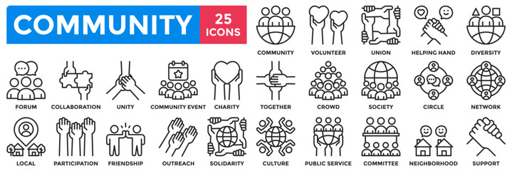 Community icon collection set. Containing together, diversity, solidarity, volunteer, society, friendship, unity icon. Simple line vector illustration