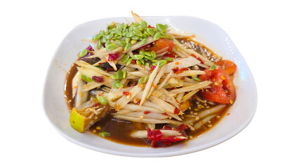 Traditional Thai green papaya salad made with fermented crab, chili, lime, tomatoes, and fish sauce, served with raw vegetables.

