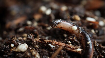 Macro view of earthworm emerging from rich soil, symbolizing growth and natural processes