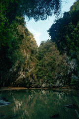 This picturesque view showcases towering cliffs draped in vibrant greenery, mirrored in the...