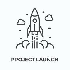 Rocket is launching from the ground with clouds in a linear style