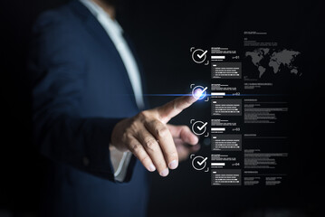 Businessman uses checklist to tick survey form, complete online questionnaire, approve test report, review performance, achieve marketing goal, and organize task document