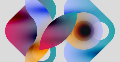 Abstract composition featuring overlapping translucent shapes. Colors blend, creating soft gradients, dynamic visual effect.