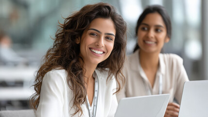 happy woman using laptop at office