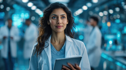 female scientist standing confidently holding tablet at laboratory