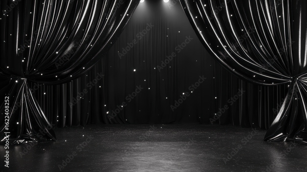 Poster elegant black stage curtains with subtle lighting and floating particles.