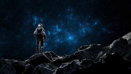 astronaut stands on rugged rocks, gazing into the expansive universe filled with vivid stars and...