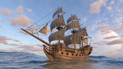 A detailed wooden ship with billowing sails sails gracefully across calm blue waters. 3d render