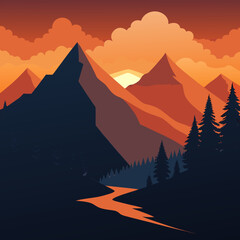 Sunset Mountain Landscape with Pine Forest and River Vector Art