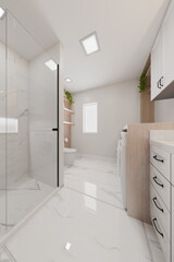 spacious bathroom showcases a sleek shower, minimalist toilet, and functional laundry space, highlighted by bright lights and contemporary fixtures that enhance the rooms modern aesthetic. 3d render