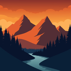 Sunset Mountain Landscape with Pine Forest and River Vector Art