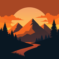Sunset Mountain Landscape with Pine Forest and River Vector Art