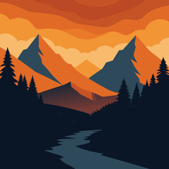 Sunset Mountain Landscape with Pine Forest and River Vector Art