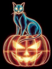 Glowing neon black cat sitting on a Halloween pumpkin against a dark black background. Bright modern Halloween aesthetic.