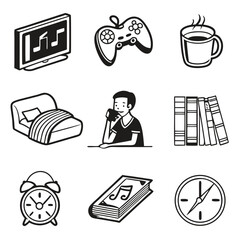Icon Set Vector of Daily Routine Elements Black and White Minimalist Line Art Illustration Featuring Bed, Coffee, Clock, Books, TV, Controller