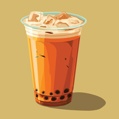 Vector illustration of ice Thai Milk Tea with black pearl jelly