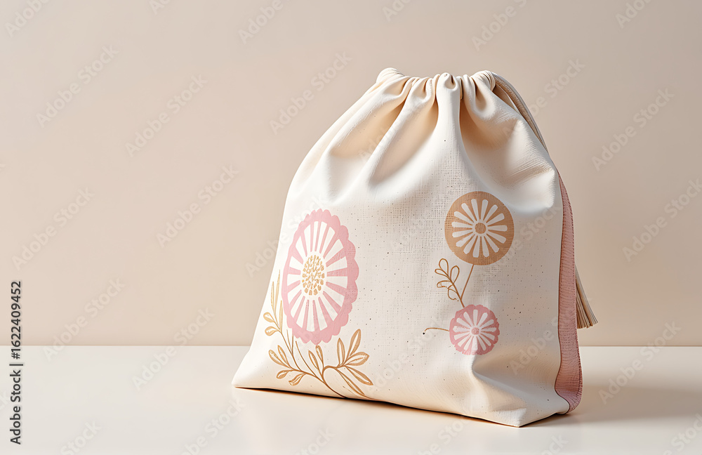 Poster delicate speckled pouch intricate pink beige patterns rests soft diffused light background serene sh