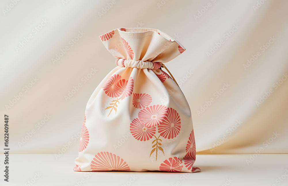 Poster delicate speckled pouch intricate pink beige patterns rests soft diffused light background serene sh