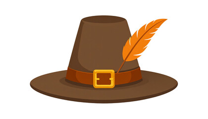 Pilgrim hat with feathers and buckle, minimal vector style, isolated on transparent background PNG.