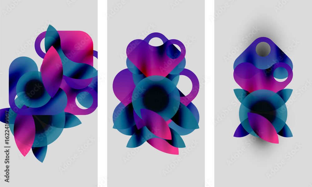 Poster abstract artwork. three panels display vibrant overlapping circles, gradients shifting from pinks to