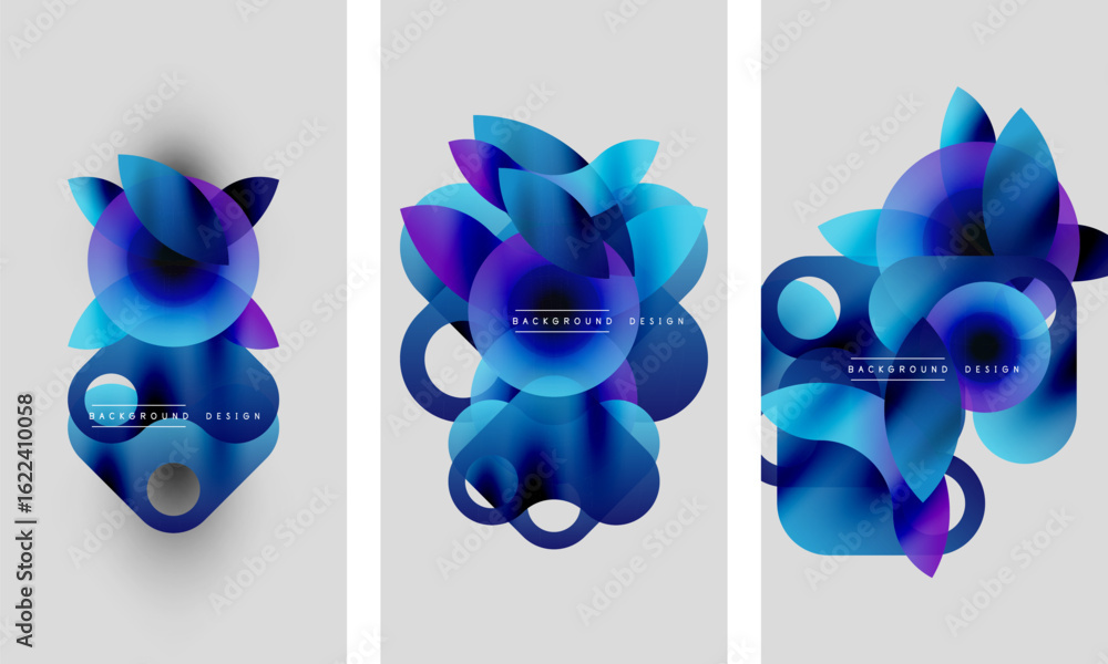 Poster abstract blue shapes overlap, creating dynamic compositions. gradient colors blend, forming modern b