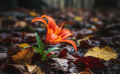 Lis orange vif avec des gouttes d'eau sur un sol forestier couvert de feuilles