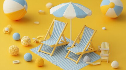 Miniature beach chairs and umbrella on a yellow surface.