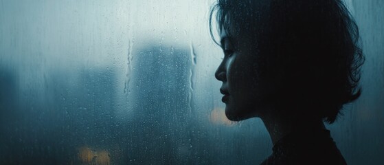 Rainy Day Contemplation: A Woman's Silhouette Against a Wet Window