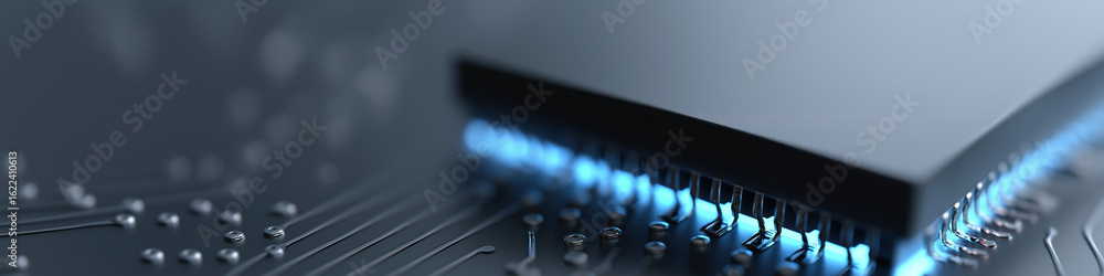 Aufkleber a detailed view of a glowing microchip embedded in a circuit board.