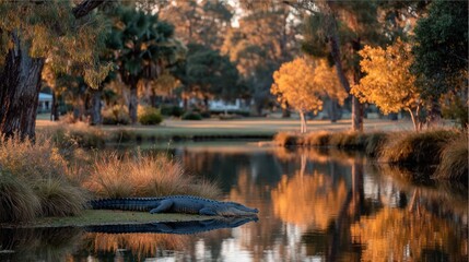 Fototapeta premium Gator basks by tranquil pond in golden light