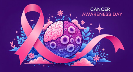 Pink ribbon and brain illustration for cancer awareness day