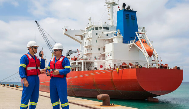 Two marine workers in safety gear communicate on dock near a large cargo ship. The image shows port operations, teamwork, and safety procedures in the maritime and shipping industry.
 - Powered by Adobe