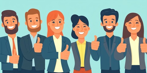 A group of smiling business professionals gives a thumbs up to show appreciation for the positive and confident attitude.