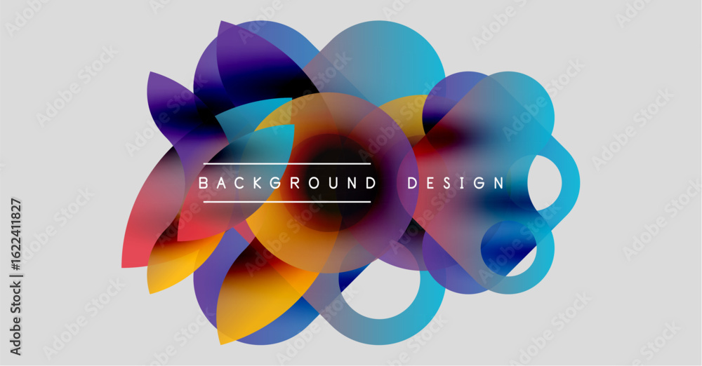 Poster abstract colorful shapes overlap, creating dynamic background design. vivid hues blend, forming mode