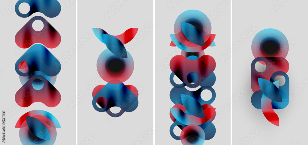 Poster abstract composition featuring overlapping circular shapes. red, blue hues create dynamic visual rhy