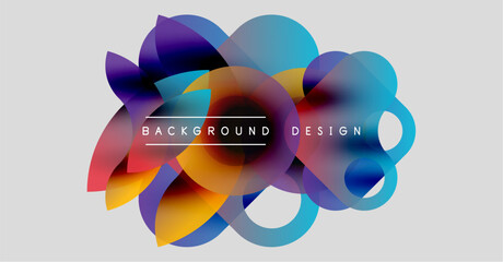 Abstract colorful shapes overlap, creating dynamic background design. Vivid hues blend, forming modern visual element.