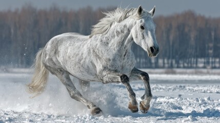 Obraz premium Gray horse galloping across snowy landscape