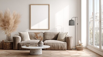 Bright living room interior with sofa, artwork and large window