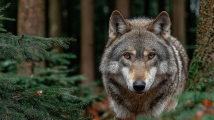 Fototapeta premium Gray wolf stares intently into camera, forest backdrop